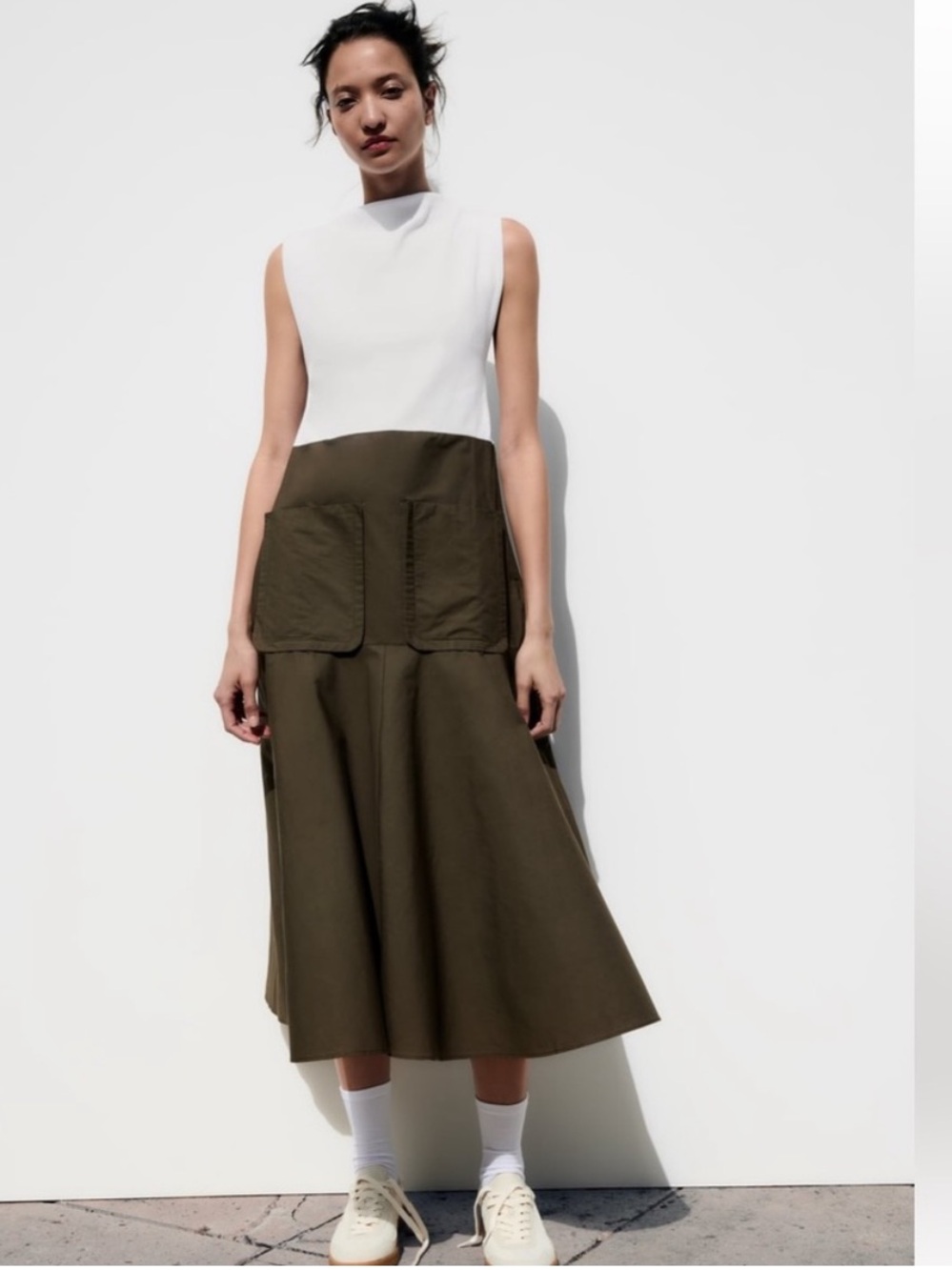 New! Zara small olive/white contrast high neck dress with pockets.